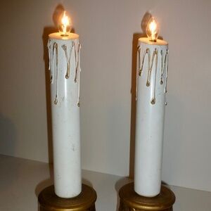 Two Vintage HF Co Gold Papier Mache & White Wood Electric Christmas Candle Japan